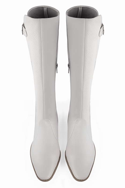 Pure white women's knee-high boots with buckles. Round toe. Low leather soles. Made to measure. Top view - Florence KOOIJMAN